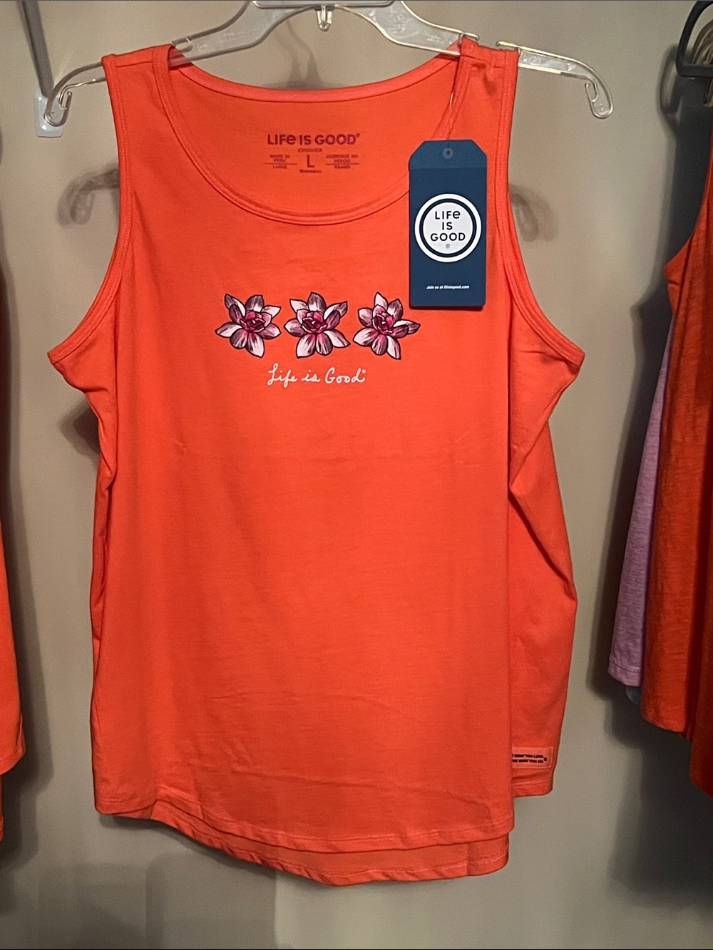 Life Is Good Orange Floral Graphic Tank Top